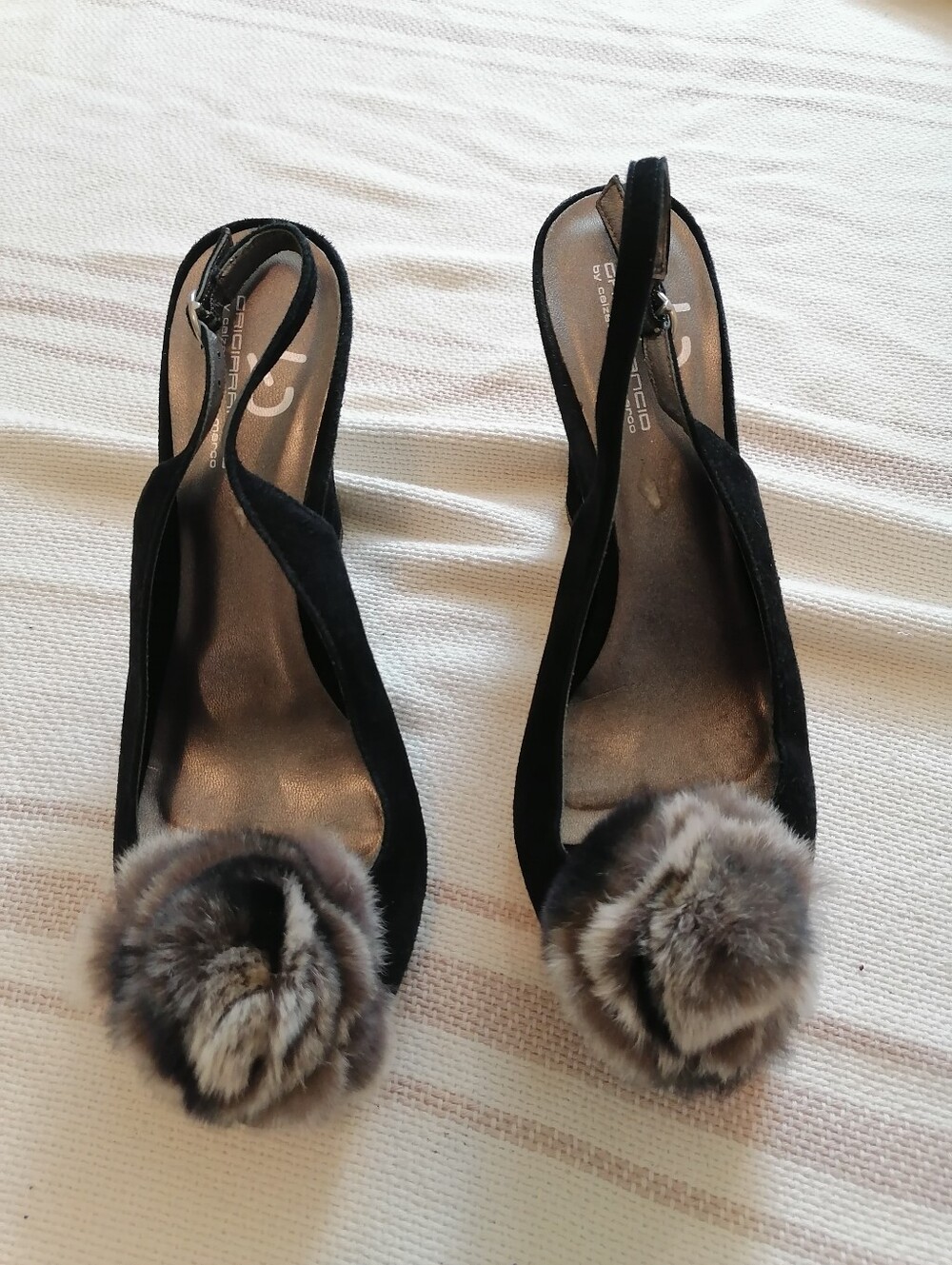 Black suede peeptoe slingback pumps heels 7.5